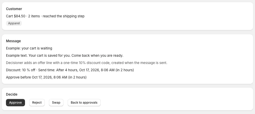 Decisioner approval screen: the customer's cart, the proposed message with a one-time 10% code and send time, and Approve, Reject and Swap buttons.