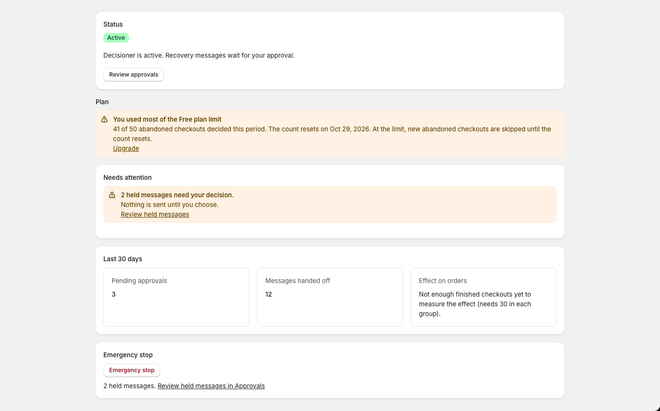 The active Home shows the status, a warning that most of the Free plan limit is used with an Upgrade link, a warning that two held messages need a decision, the 30-day numbers and the Emergency stop.