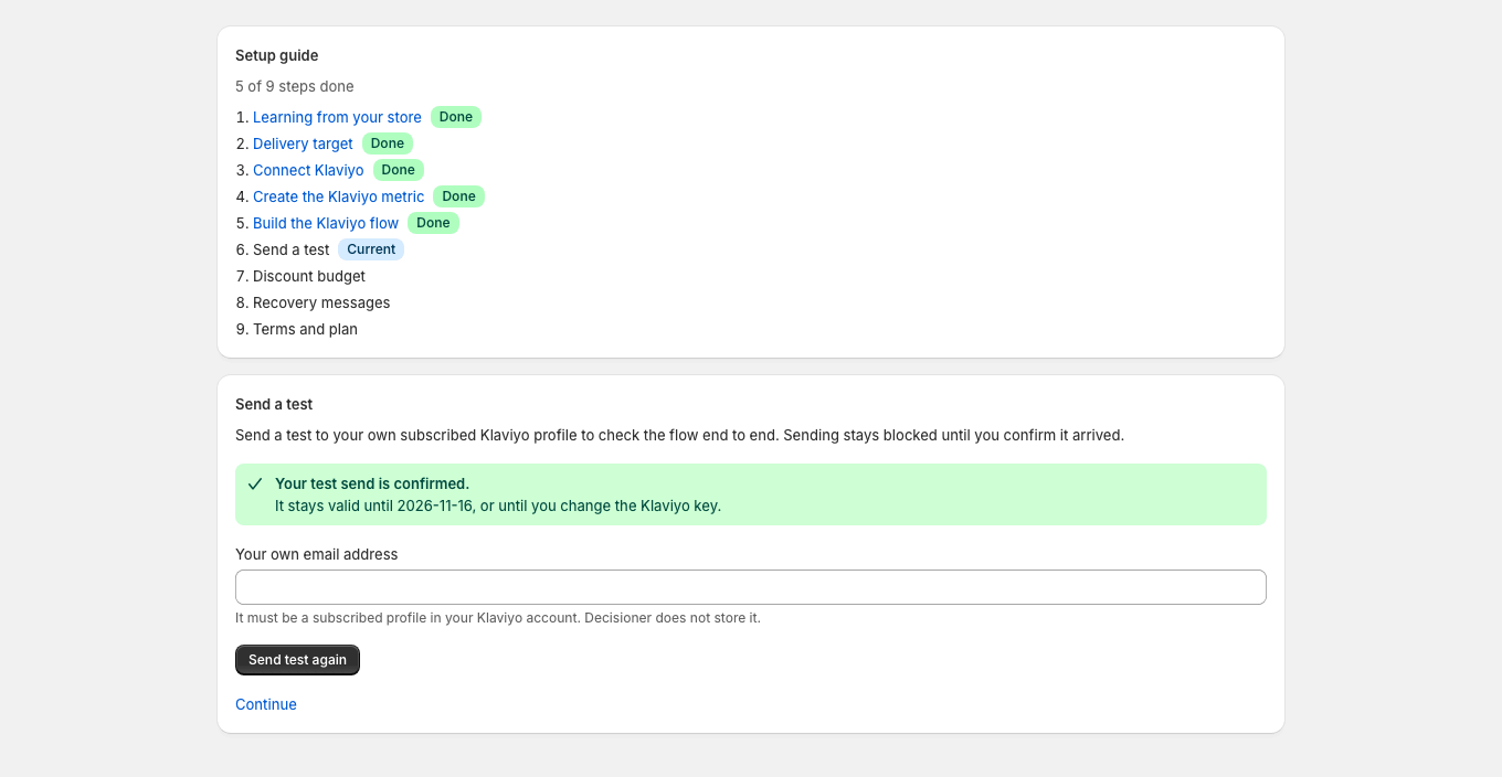 A confirmed test email unlocks sending and shows how long the confirmation stays valid.