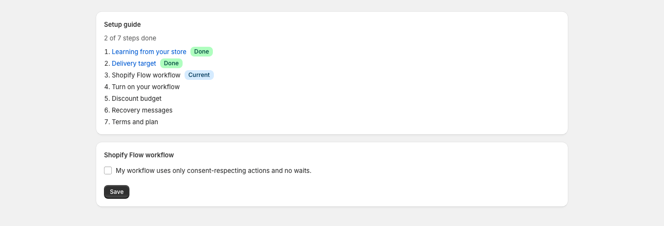 The merchant confirms that their Flow workflow only uses consent-respecting actions and adds no waits.