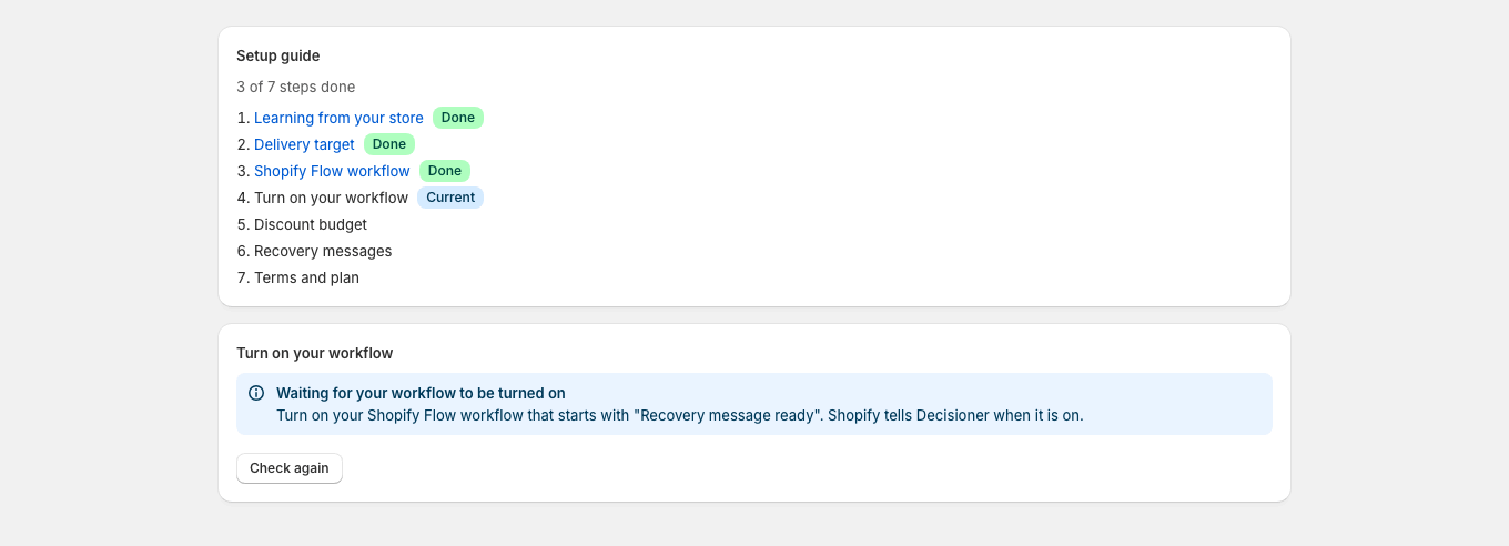 The guide waits until the merchant turns on the Flow workflow, and the merchant can check again at any time.