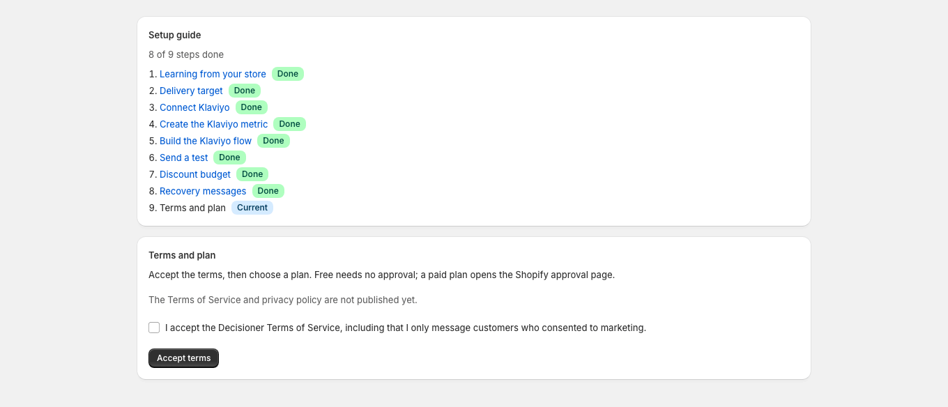 In the last step the merchant accepts the terms before choosing a plan; a paid plan opens Shopify's approval page.