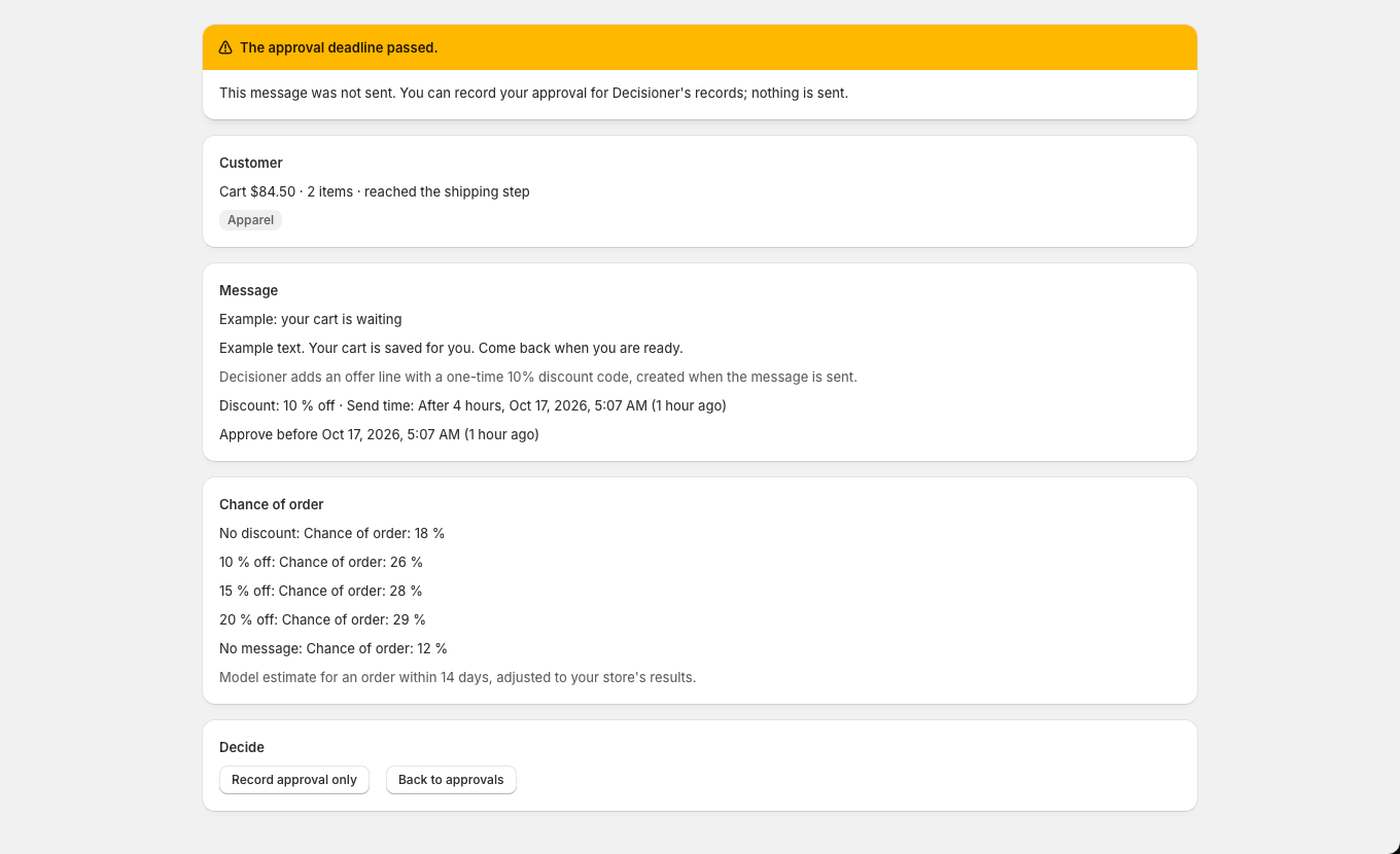 When the approval deadline has passed, the message was not sent and the merchant can only record their approval.