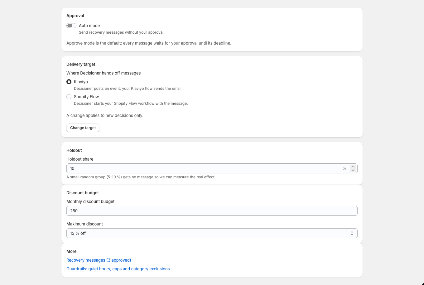 The checkout recovery page holds the auto mode switch, delivery target, holdout size, discount budget and links to messages and guardrails.