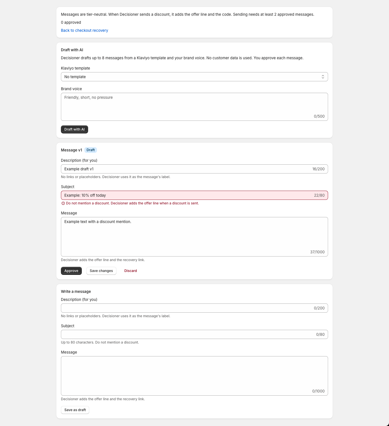 A draft that breaks a rule shows an inline error that tells the merchant what to fix before approving it.