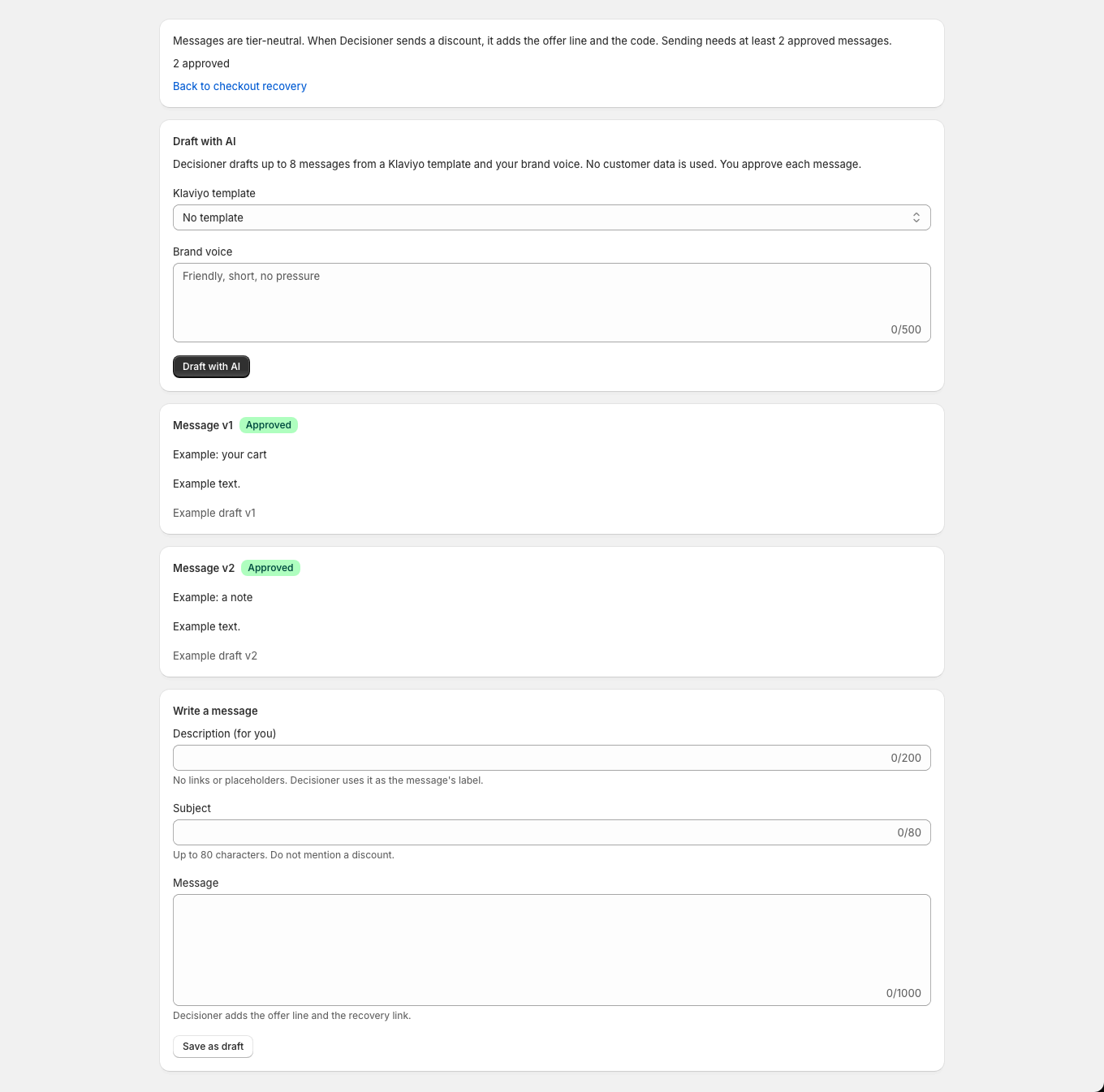 Approved messages are marked Approved and count toward the two messages that sending needs.