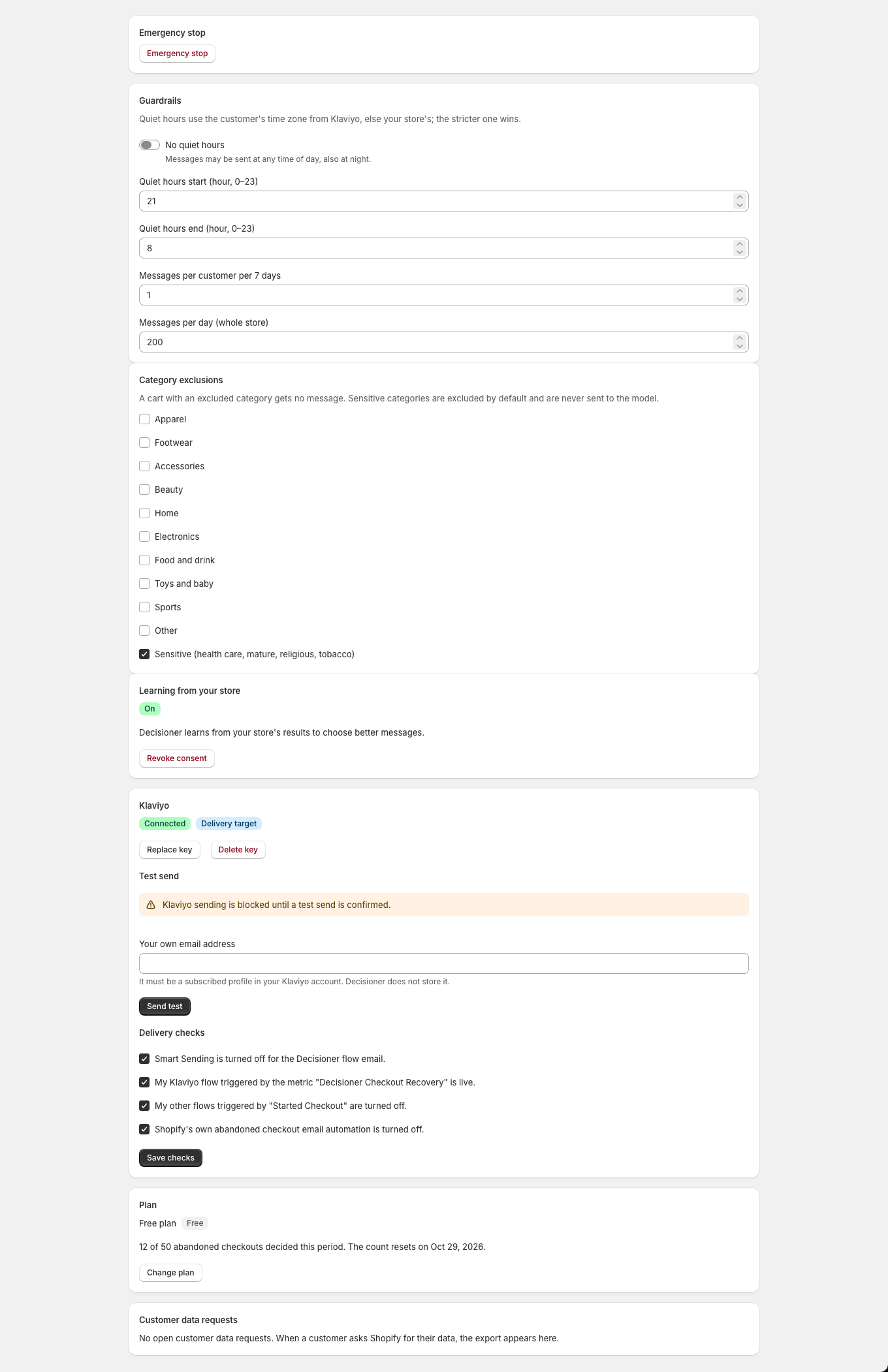 Settings warns that Klaviyo sending is blocked until a new test email is confirmed.