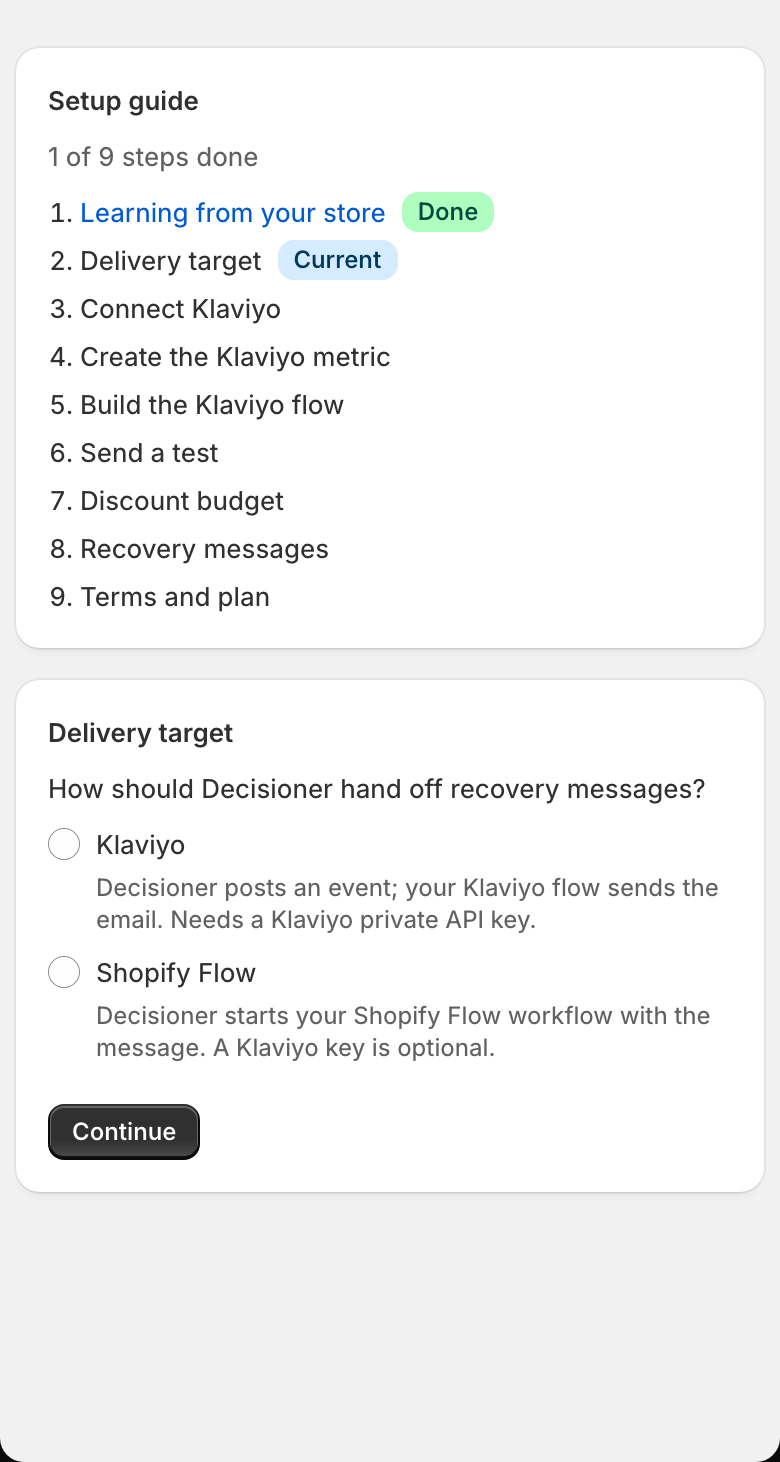 On a phone, the setup guide shows the step list and the delivery target choice in one column.